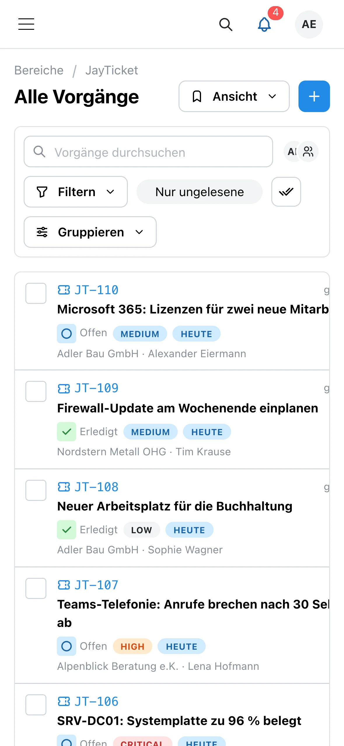 Ticket-Liste auf dem Smartphone